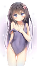 Rule 34 | 1girl, :&lt;, bad id, bad pixiv id, bare arms, bare shoulders, black hair, blue eyes, blue one-piece swimsuit, blush, breasts, closed mouth, collarbone, commentary request, covered navel, flower, gluteal fold, groin, hair between eyes, hair flower, hair ornament, hand up, highres, long hair, looking at viewer, natuna natu, one-piece swimsuit, pink flower, shirosaki hana, small breasts, solo, strap slip, swimsuit, thigh gap, very long hair, watashi ni tenshi ga maiorita!