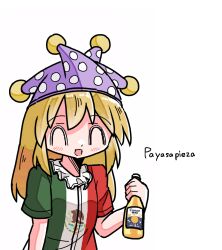 Rule 34 | blonde hair, closed eyes, clownpiece, corona (brand), happy, hat, jester cap, kasuya baian, long hair, mexican flag dress, mexican flag print, mexico, neck ruff, open mouth, polka dot, pom pom (clothes), purple headwear, short sleeves, simple background, spanish text, touhou, white background