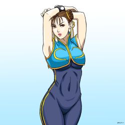Rule 34 | 1girl, alternate costume, armpits, arms up, artist name, bracelet, brown eyes, brown hair, capcom, chinese clothes, chris re5, chun-li, covered navel, double bun, female focus, hair ribbon, highres, jewelry, lipstick, makeup, pink lips, ribbon, signature, solo, street fighter