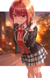 Rule 34 | 1girl, absurdres, black shirt, blurry, blurry background, blush, collared shirt, evening, hair between eyes, highres, isshiki iroha, kukeylove, leaning forward, long sleeves, looking at viewer, outdoors, pleated skirt, red eyes, red hair, red ribbon, ribbon, school uniform, shirt, skirt, smile, solo, standing, teeth, white shirt, yahari ore no seishun lovecome wa machigatteiru.