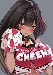 Rule 34 | 1girl, ahoge, bay (nikke), black hair, blush, breasts, cheerleader, chiji komari, closed mouth, clothes writing, commentary request, crop top, crop top overhang, dark-skinned female, dark skin, facial mark, fang, fang out, goddess of victory: nikke, grey background, grey eyes, hair between eyes, hair intakes, hands up, high ponytail, highres, holding, medium breasts, multicolored hair, pom pom (cheerleading), ponytail, red hair, simple background, solo, star (symbol), streaked hair, sweat, upper body