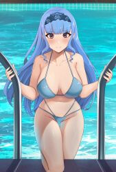 Rule 34 | 1girl, armpit crease, bare shoulders, bikini, blue bikini, blue hair, blush, breasts, brown eyes, camilitrox cr, cleavage, collarbone, commentary, english commentary, eyelashes, fire emblem, fire emblem: three houses, highres, large breasts, long hair, looking at viewer, marianne von edmund, navel, nintendo, pool, smile, solo, swimsuit, water