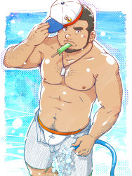 Rule 34 | 1boy, arm hair, bara, baseball cap, beard, blush, bulge, chest hair, dog tags, facial hair, feet out of frame, food, food in mouth, from above, grey shorts, hat, holding, holding clothes, holding hat, holding hose, hose, ice cream, jewelry, looking at viewer, male focus, male swimwear, male underwear, male underwear peek, mature male, mouth hold, muscular, muscular male, navel, navel hair, necklace, nipples, one-piece swimsuit, open fly, original, pectorals, popsicle, popsicle in mouth, print male swimwear, print swim trunks, print swimsuit, seductive smile, short hair, shorts, smile, solo, stomach, striped clothes, striped one-piece swimsuit, suv (suv032), swim trunks, swimsuit, thick eyebrows, topless male, underwear, vertical-striped clothes, vertical-striped male swimwear, vertical-striped one-piece swimsuit, white male swimwear, white male underwear, white swim trunks