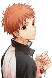 Rule 34 | 1boy, akuta michi, brown eyes, brown hair, emiya shirou, fate/stay night, fate (series), jacket, jewelry, looking at viewer, male focus, necklace, pendant, simple background, solo, track jacket, white background