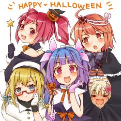 Rule 34 | 5girls, :d, alternate costume, blonde hair, blush, cocoperino, commentary, closed eyes, fang, food-themed hair ornament, glasses, gloves, hair ornament, hair ribbon, halloween, halloween costume, happy halloween, hat, i-19 (kancolle), i-58 (kancolle), i-8 (kancolle), jack-o&#039;-lantern, kantai collection, long hair, looking at another, looking at viewer, multiple girls, open mouth, pink eyes, pink hair, pumpkin hair ornament, purple hair, red eyes, ribbon, ro-500 (kancolle), short hair, simple background, skin fang, smile, twintails, white background, witch hat