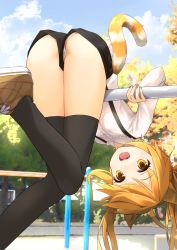 Rule 34 | 1girl, :d, animal ears, black shorts, black thighhighs, blue sky, brown footwear, brown hair, cat ears, cat girl, cat tail, cloud, commentary request, day, horizontal bar, kutata, long hair, long sleeves, looking at viewer, open mouth, original, outdoors, panties, panties under shorts, shirt, shoes, short shorts, shorts, sky, smile, sneakers, solo, striped clothes, striped panties, striped tail, suspender shorts, suspenders, tail, thighhighs, tree, twintails, underwear, upshorts, upside-down, white shirt, yellow eyes