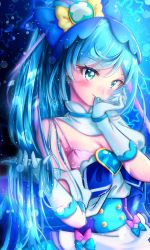 Rule 34 | 1girl, apron, blue background, blue bow, blue eyes, blue hair, blue theme, blush, bow, bra, brooch, cure spicy, delicious party precure, detached collar, earrings, fuwa kokone, gloves, hair bow, heart, heart brooch, highres, jewelry, kakikakilemon, long hair, looking at viewer, magical girl, multicolored hair, pink bow, pink bra, pink hair, ponytail, precure, solo, star (symbol), streaked hair, two-tone hair, underwear, upper body, white gloves