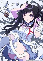 Rule 34 | 1girl, apron, artist name, bandaged arm, bandaged leg, bandages, black hair, blue skirt, blunt ends, blush, breasts, collared shirt, commentary, danganronpa (series), danganronpa 2: goodbye despair, foot out of frame, forceps, frown, grey background, hand on own hip, highres, kusatakesi, long hair, medium breasts, mole, mole under eye, one eye closed, parted lips, pill, pill bottle, pleated skirt, puffy short sleeves, puffy sleeves, purple eyes, purple shirt, shirt, short sleeves, simple background, skirt, solo, tearing up, tsumiki mikan, twitter username, white apron, white footwear