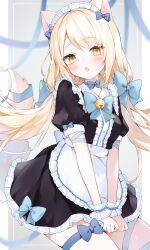 Rule 34 | 1227ree, 1girl, :o, absurdres, animal ears, apron, arms between legs, bell, blonde hair, blue bow, blush, bow, brown eyes, cat ears, cat girl, dress, frilled apron, frilled dress, frills, hair bow, highres, maid, maid apron, maid headdress, original, solo, swept bangs, tail