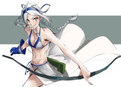 Rule 34 | 1girl, absurdres, ahoge, armband, bare shoulders, bikini, blue eyes, blue gloves, blue hairband, blue ribbon, bow (weapon), braid, commission, cosplay, determined, fire emblem, fire emblem fates, fundoshi, gloves, hair ribbon, hairband, highres, holding, holding bow (weapon), holding weapon, japanese clothes, looking at viewer, low twintails, majikina mina, majikina mina (cosplay), navel, nina (fire emblem), nintendo, parted bangs, pixiv commission, ribbon, samurai spirits, sarong, side-tie skirt, single glove, snk, solo, swimsuit, twin braids, twintails, upper body, weapon, white bikini, white hair, white sarong, yt (63641217)
