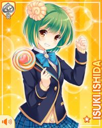 Rule 34 | 1girl, blue jacket, blue skirt, candy, card, cardigan, character name, clenched hand, clenched teeth, closed mouth, food, girlfriend (kari), green hair, hair ornament, holding, ishida isuki, jacket, lollipop, official art, plaid, plaid skirt, qp:flapper, raised arm, short hair, skirt, smile, solo, strap, tagme, teeth, yellow background, yellow eyes