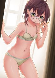 Rule 34 | 1girl, absurdres, black hair, blue-framed eyewear, bra, breasts, collarbone, commentary request, contrapposto, cowboy shot, curtains, glasses, green bra, green eyes, green panties, highres, kantai collection, long sleeves, looking at viewer, makura (y makura), multicolored hair, okinami (kancolle), panties, pink hair, polka dot, polka dot bra, polka dot panties, short hair, small breasts, solo, underwear, underwear only, window