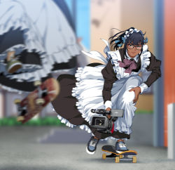 Rule 34 | 2girls, apron, black hair, blue eyes, camcorder, commentary, dark-skinned female, dark skin, glasses, jumping, maid, maid apron, maid headdress, midair, multiple girls, original, recording, shoes, skateboard, skateboarding, sneakers, suzushiro (suzushiro333), symbol-only commentary, video camera