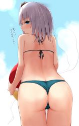 Rule 34 | 1girl, absurdres, ass, ball, beachball, bikini, black ribbon, blue sky, blush, butt crack, cameltoe, cloud, commentary request, cowboy shot, day, from behind, green bikini, green eyes, hair between eyes, hair ribbon, halterneck, highres, hitodama, holding, holding ball, konpaku youmu, konpaku youmu (ghost), lens flare, looking at viewer, looking back, outdoors, parted lips, profile, ribbon, short hair, silver hair, sky, solo, standing, sweat, swimsuit, techi (techi35499), thighs, thong bikini, touhou, translation request