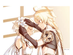Rule 34 | 1boy, 1girl, aether (genshin impact), ahoge, arm armor, armor, artist name, bare shoulders, blonde hair, border, braid, breasts, brother and sister, brown eyes, brown gloves, brown shirt, cape, closed eyes, closed mouth, detached sleeves, dress, earrings, flower, genshin impact, gloves, gold trim, hair between eyes, hair flower, hair ornament, hands up, happy, highres, jewelry, kiguchi hikaru, long hair, long sleeves, looking at another, lumine (genshin impact), medium breasts, outside border, scarf, shirt, short hair, short sleeves, shoulder armor, siblings, sidelocks, single earring, smile, teeth, twins, white border, white cape, white dress, white flower, white scarf