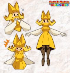 Rule 34 | 1girl, black eyes, blonde hair, commentary, copyright name, covered mouth, dress, english commentary, flipped hair, gloves, hat, high collar, highres, joints, mario (series), multiple views, nintendo, olivia (paper mario), paper mario, paper mario: the origami king, paperrose, personification, white gloves, wide sleeves, yellow dress, yellow headwear, | |