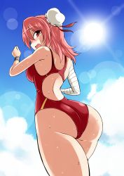 Rule 34 | 1girl, ass, bandages, blush, breasts, bun cover, competition swimsuit, double bun, ibaraki kasen, kousei (public planet), one-piece swimsuit, open mouth, pink eyes, pink hair, short hair, solo, swimsuit, touhou