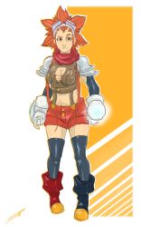 Rule 34 | 1girl, armor, asymmetrical footwear, black thighhighs, boots, bracer, breasts, cleavage, cleavage cutout, clothing cutout, cryamore, derrick baker, detached sleeves, esmyrelda maximus, gloves, goggles, goggles on head, highres, matching hair/eyes, midriff, mismatched footwear, navel, orange eyes, orange hair, pauldrons, scarf, shorts, shoulder armor, sidelocks, signature, solo, spiked hair, thighhighs, white gloves