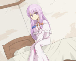 Rule 34 | 1girl, batsu, bed, blush stickers, bow, capelet, crack, dutch angle, expressionless, female focus, hair bow, hair ribbon, long hair, no headwear, no headwear, patchouli knowledge, purple eyes, purple hair, ribbon, sitting, solo, staring, touhou, v arms