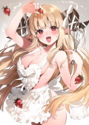 Rule 34 | 1girl, apron, blonde hair, blunt bangs, blush, breasts, cleavage, cream, fangs, food, fruit, holding, horns, looking at viewer, medium breasts, naked apron, open mouth, original, parsley-f, pointy ears, red eyes, solo, strawberry, teeth, thighs, upper teeth only