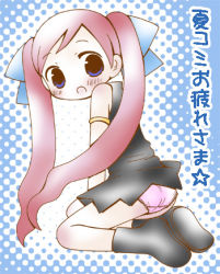 Rule 34 | 1girl, armband, artist request, ass, black dress, black footwear, blue background, blue eyes, blush, boots, dress, from behind, hair ribbon, long hair, looking at viewer, looking back, lowres, open mouth, panties, pink hair, pink panties, ribbon, sleeveless, sleeveless dress, star (symbol), twintails, underwear