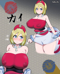 Rule 34 | 1girl, bare shoulders, blonde hair, blue eyes, blush, bracelet, breasts, cleavage, clothes, collar, creatures (company), embarrassed, female focus, flute, game freak, hairband, highres, hohoroko, huge breasts, instrument, irida (pokemon), jewelry, looking at viewer, nintendo, pokemon, pokemon legends: arceus, short hair, solo