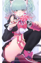 Rule 34 | 1girl, animal ears, biburi (precure), black thighhighs, can, candy, chest harness, dededeteiu, earrings, food, gradient hair, green hair, hand on own knee, harness, highres, holding, holding can, holding candy, holding food, holding lollipop, jewelry, kirakira precure a la mode, knee up, legwear garter, lollipop, long sleeves, looking at viewer, monster energy, multicolored hair, nail polish, open mouth, pink hair, precure, puffy sleeves, red footwear, red nails, shoes, sitting, skirt, solo, thighhighs, twintails, two-tone hair, yellow eyes