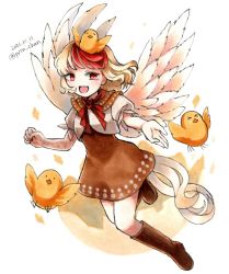 Rule 34 | 1girl, animal, animal on head, bird, bird on head, bird tail, bird wings, blonde hair, boots, brown footwear, chick, commentary request, dress, feathered wings, full body, multicolored hair, niwatari kutaka, on head, one-hour drawing challenge, open mouth, orange dress, proton, red eyes, red hair, shirt, tail, touhou, traditional media, two-tone hair, white shirt, wings, yellow wings