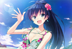 Rule 34 | 1girl, black hair, blue eyes, breasts, cleavage, cloud, day, earrings, eyebrows, fang, flower, ganaha hibiki, hair flower, hair ornament, hibiscus, idolmaster, idolmaster (classic), jewelry, long hair, medium breasts, necklace, nekota chihiro, open mouth, outdoors, ponytail, sky, solo, upper body, waving