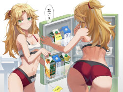 Rule 34 | 1girl, ass, back, bare shoulders, blonde hair, braid, breasts, carton, collarbone, fate/apocrypha, fate (series), french braid, green eyes, hair ornament, hair scrunchie, highres, long hair, looking at viewer, milk carton, mordred (fate), mordred (fate/apocrypha), multiple views, navel, panties, red panties, refrigerator, scrunchie, sidelocks, small breasts, sports bra, tank top, tonee, tongue, tongue out, translation request, underwear, variant set, white sports bra