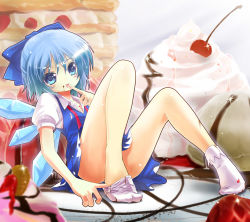 Rule 34 | 1girl, blue eyes, blue hair, bow, cake, cirno, embodiment of scarlet devil, feet, food, fruit, hands on feet, ice cream, in food, matching hair/eyes, mini person, minigirl, neck ribbon, no shoes, pastry, porurin (do-desho), short hair, sock pull, socks, solo, strawberry, touhou, undone neck ribbon, wings