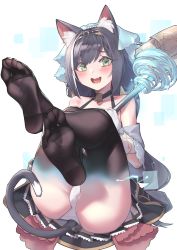 Rule 34 | 1girl, absurdres, animal ears, blush, cat ears, cat tail, fang, feet, green eyes, highres, karyl (princess connect!), long hair, looking at viewer, open mouth, panties, pantyshot, princess connect!, see-through, see-through legwear, soles, tail, toes, underwear
