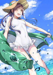 Rule 34 | 1girl, barefoot, blue sky, breasts, casual one-piece swimsuit, cloud, day, dutch angle, frilled swimsuit, frills, green jacket, hat, horizon, jacket, kaeru (ka=l), long hair, looking at viewer, ocean, one-piece swimsuit, original, outdoors, purple hair, sky, small breasts, solo, standing, straw hat, sun hat, swimsuit, water, white one-piece swimsuit, yellow eyes