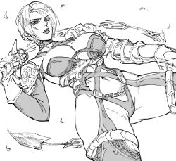 Rule 34 | 1girl, armor, bad id, bb (baalbuddy), bikini armor, breasts, choker, closed mouth, dutch angle, elbow gloves, gloves, greyscale, highres, holding, holding sword, holding weapon, inactive account, isabella valentine, large breasts, legs apart, lipstick, looking at viewer, makeup, monochrome, namco, navel, short hair, simple background, solo, soul calibur, standing, sword, thighhighs, toned, weapon, whip sword, white background