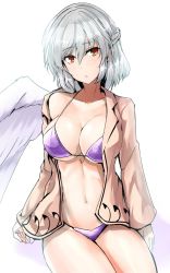 Rule 34 | 1girl, bikini, braid, breasts, brown eyes, closed mouth, cowboy shot, french braid, hair between eyes, highres, jacket, kishin sagume, large breasts, looking at viewer, navel, open clothes, open jacket, purple bikini, short hair, silver hair, simple background, single wing, solo, swimsuit, touhou, white background, white wings, wings, y2