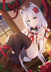 Rule 34 | 1136002526, 1girl, ahoge, animal ear fluff, animal ears, artist name, azur lane, bad id, bad pixiv id, bare shoulders, bell, black thighhighs, bottomless, box, braid, breasts, candle, chinese commentary, christmas, christmas wreath, closed mouth, collarbone, commentary request, crossover, detached sleeves, flower, fox ears, fox tail, gift, gift box, green eyes, hair flower, hair ornament, highres, holding, holding bell, hololive, jingle bell, leg ribbon, looking at viewer, medium breasts, nipples, red ribbon, ribbon, sailor collar, shirakami fubuki, sidelocks, silver hair, smile, solo, tail, thighhighs, topless, virtual youtuber, white sailor collar, wide sleeves, window, wreath, wrist ribbon