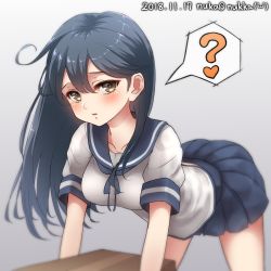 Rule 34 | 1girl, ?, ahoge, all fours, artist name, black hair, blue sailor collar, blue skirt, box, brown eyes, commentary request, cowboy shot, dated, gradient background, grey background, highres, kantai collection, long hair, nuka (nvkka), one-hour drawing challenge, pleated skirt, sailor collar, school uniform, serafuku, simple background, skirt, solo, twitter username, ushio (kancolle)