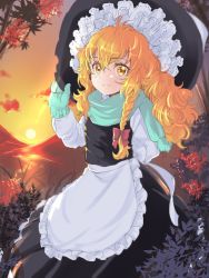 Rule 34 | 1girl, apron, black hat, black skirt, black vest, blonde hair, bow, braid, cloud, commentary request, feet out of frame, frilled apron, frills, gloves, green gloves, green scarf, hair bow, hand up, hat, highres, kirisame marisa, leaf, long hair, long sleeves, looking at viewer, messy hair, orange sky, outdoors, petticoat, red bow, rosette (roze-ko), scarf, shirt, single braid, skirt, skirt set, sky, smile, solo, standing, sun, sunset, touhou, vest, waist apron, white apron, white shirt, witch hat, yellow eyes