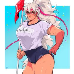 Rule 34 | 1girl, adjusting clothes, band, blue background, breasts, buruma, colored skin, female focus, flag, flagpole, gram quartz, gym uniform, headband, highres, injury, jasper (steven universe), large breasts, looking down, monster girl, ponytail, red skin, scar, scratches, shirt, simple background, sleeves rolled up, sportswear, steven universe, sweat, t-shirt, underwear, white hair, yellow eyes