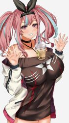 Rule 34 | 1girl, absurdres, azur lane, bare shoulders, between breasts, black choker, black sweater, bra strap, breasts, bremerton (azur lane), bremerton (day-off date) (azur lane), bubble tea, bubble tea challenge, choker, cleavage, collarbone, commentary, cowboy shot, cup, disposable cup, dress, drinking straw, grey hair, grin, hair intakes, hair ornament, hands up, highres, jacket, large breasts, long hair, long sleeves, looking at viewer, mole, mole under eye, multicolored hair, object on breast, off-shoulder dress, off-shoulder sweater, off shoulder, official alternate costume, open clothes, open jacket, pink eyes, pink hair, sidelocks, simple background, smile, solo, standing, star (symbol), star print, strap between breasts, streaked hair, sweater, sweater dress, takeshiki no hirata, teeth, twintails, two-tone hair, white background, white jacket