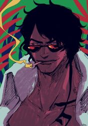 Rule 34 | 1boy, aramaki (ryokugyu), artist request, black hair, cigarette, facial hair, green background, highres, large pectorals, looking to the side, manly, military, military uniform, muscular, one piece, open mouth, pectorals, shaded face, short hair, simple background, smile, smoking, sunglasses, uniform, upper body