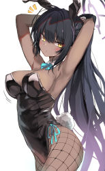 Rule 34 | 1girl, absurdres, armpits, arms behind head, arms up, black hair, black leotard, blue archive, blush, bow, bowtie, breasts, commentary request, cowboy shot, curvy, dark-skinned female, dark skin, detached collar, fishnet pantyhose, fishnets, hair between eyes, halo, highleg, highleg leotard, highres, karin (blue archive), karin (bunny) (blue archive), large breasts, leotard, long hair, looking at viewer, notice lines, official alternate costume, pantyhose, playboy bunny, rabbit tail, revision, shiny clothes, shiny skin, simple background, solo, standing, strapless, strapless leotard, sweatdrop, tail, toshizou (0714), traditional bowtie, very long hair, white background, wide hips, yellow eyes