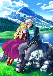 Rule 34 | 1boy, 1girl, armor, belt, blonde hair, blue eyes, blue hair, boots, braid, claire bennett, dress, closed eyes, flower, gloves, long hair, lowres, pants, scenery, shoes, tales of (series), tales of rebirth, veigue lungberg