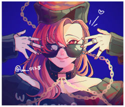 Rule 34 | 1girl, alternate costume, arms up, bare shoulders, black choker, black headwear, black sweater, blue background, chain, choker, closed mouth, clothes writing, collarbone, commentary, english commentary, eyelashes, fingernails, glasses, gold chain, hair between eyes, hands up, heart, heart print, hecatia lapislazuli, jewelry, light, long sleeves, medium hair, nail polish, off shoulder, one eye closed, raya (uk 0128), red eyes, red hair, red nails, ring, simple background, smile, solo, sunglasses, sweater, touhou, twitter username, underworld (ornament), upper body
