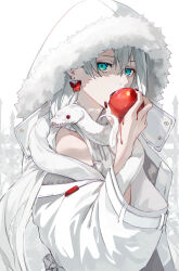 Rule 34 | 1girl, animal, apple, aqua eyes, blood, butterfly earrings, coat, earrings, eating, food, fruit, fur trim, highres, holding, holding food, holding fruit, hood, hooded coat, jewelry, long hair, long sleeves, looking at viewer, nail polish, off shoulder, open mouth, original, red eyes, red nails, single bare shoulder, snake, solo, spot color, twitter username, upper body, white background, white coat, white hair, wide sleeves, yagi (shiro yagi)