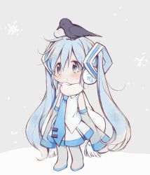 Rule 34 | 1girl, :o, absurdres, bare shoulders, bird on lap, blue eyes, blue hair, blue neckwear, blush, boots, chibi, commentary, detached sleeves, earmuffs, full body, grey background, grey skirt, grey sleeves, grey thighhighs, hair ornament, hatsune miku, highres, hitode, light blue hair, long hair, miniskirt, necktie, pleated skirt, scarf, shirt, skirt, sleeveless, sleeveless shirt, sleeves past fingers, sleeves past wrists, snow, snowing, standing, thigh boots, thighhighs, twintails, very long hair, vocaloid, white scarf, white shirt, yuki miku, yuki miku (2011)