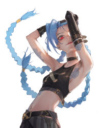 Rule 34 | 1girl, arcane jinx, arm tattoo, armpits, arms up, asymmetrical gloves, bad id, bad twitter id, bare arms, black choker, black gloves, black shirt, blouse, blue hair, braid, breast tattoo, breasts, choker, closed mouth, cloud tattoo, commentary, crop top, dino (dinoartforame), elbow gloves, floating hair, gloves, highres, jinx (league of legends), league of legends, long hair, looking at viewer, midriff, navel, red eyes, shirt, simple background, single elbow glove, sleeveless, sleeveless shirt, small breasts, solo, stomach tattoo, tattoo, twin braids, twintails, uneven gloves, upper body, very long hair, white background