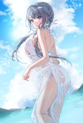 Rule 34 | 1girl, absurdres, bare arms, bare shoulders, bikini, blue eyes, blush, breasts, chigusa minori, commentary request, dress, from behind, grey hair, hair ornament, highres, large breasts, long hair, looking at viewer, looking back, official art, original, outdoors, parted lips, saotome shino (shino to ren), side-tie bikini bottom, sky, solo, swimsuit, thighs, white bikini, white dress