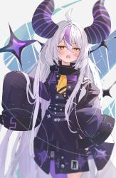 Rule 34 | 1girl, ahoge, ascot, black horns, blush, braid, braided bangs, chain, collar, grey hair, highres, hololive, horns, la+ darknesss, la+ darknesss (1st costume), long hair, looking at viewer, metal collar, midorikawa (tawf5452), multicolored hair, open mouth, pointy ears, purple hair, sleeves past fingers, sleeves past wrists, solo, streaked hair, striped horns, virtual youtuber, yellow ascot, yellow eyes