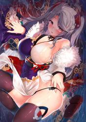 Rule 34 | 1girl, antenna hair, azur lane, bare shoulders, blush, breasts, brown thighhighs, choker, cleavage, cross, fur-trimmed kimono, fur trim, grey hair, highres, iron cross, japanese clothes, kawai (purplrpouni), kimono, large breasts, long hair, long sleeves, looking at viewer, mole, mole on breast, multicolored clothes, multicolored hair, multicolored kimono, obi, off shoulder, parted bangs, parted lips, prinz eugen (azur lane), prinz eugen (profusion of flowers) (azur lane), red eyes, sash, sideboob, solo, streaked hair, thighhighs, thighs, two side up, wide sleeves